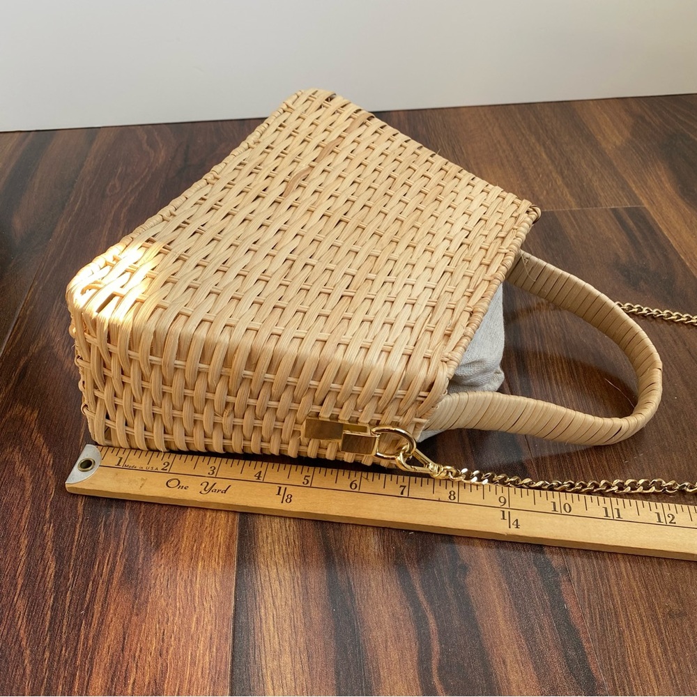 Zara Woven Raffia Straw Structured Handbag with Gold Chain Drawstring Linen - Picture 12 of 13